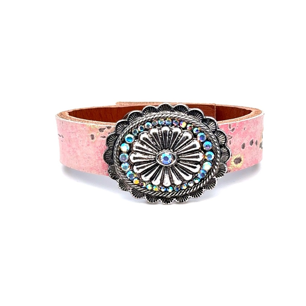 Pink Leather Crystal Concho‎ Bracelet (d)